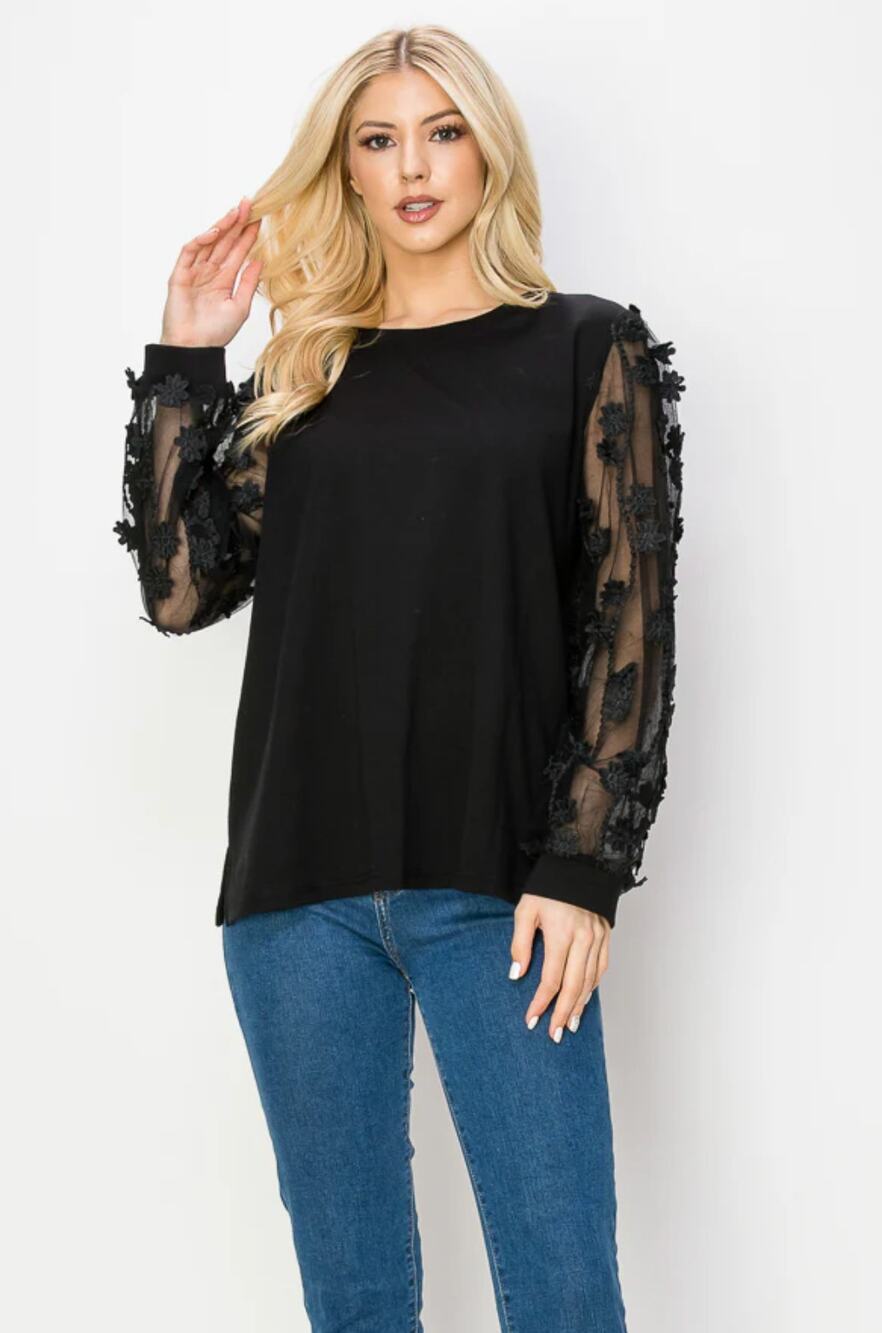 JOSEPH A Rainah Pointe Knit Lace Top Black Women's M Sheer Long Sleeve Flower